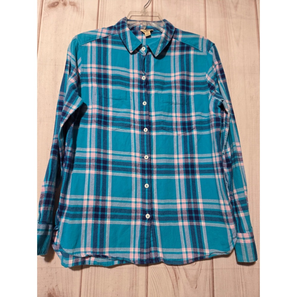 Woolrich Womens Turquoise Blue Pink Plaid Flannel Button Down Shirt Large L